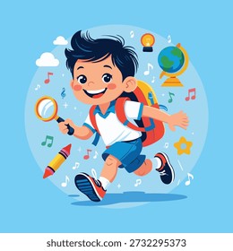 Cartoon Happy Schoolboy Running with Backpack and School Supplies Illustration