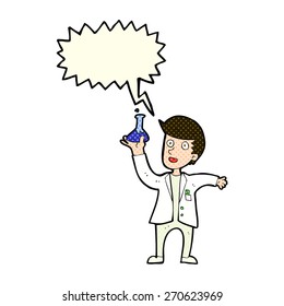 cartoon happy scientist with speech bubble