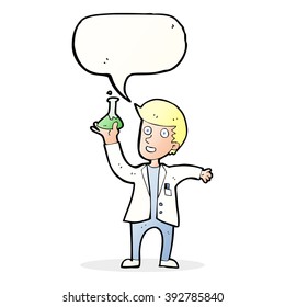 científico feliz de dibujos animados con burbuja de habla