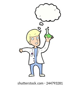 cartoon happy scientist with thought bubble