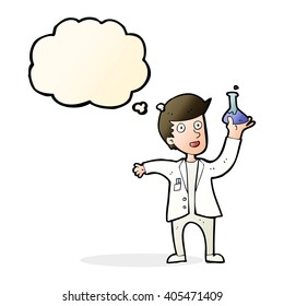 cartoon happy scientist with thought bubble