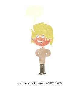 cartoon happy scruffy boy with speech bubble