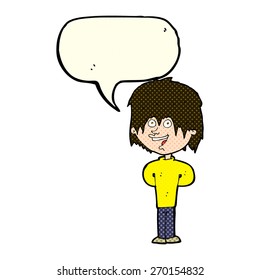 cartoon happy scruffy boy with speech bubble