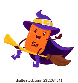 Cartoon happy Se micronutrient mineral mage character. Isolated vector selenium wizard warlock nutrient capsule personage wear purple witch hat and cloak riding broomstic. Funny magical supplement wiz