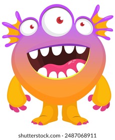 Cartoon happy sea underwater creature monster  with three eyes smiling face expression illustration