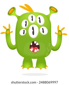 Cartoon happy sea underwater creature monster  with three eyes smiling face expression illustration