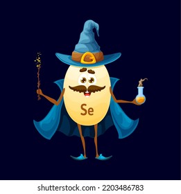 Cartoon happy selenium micronutrient mage character. Isolated vector Se wizard warlock nutrient capsule personage wear blue witch hat and cloak holding wand and magic potion. Funny food supplement wiz