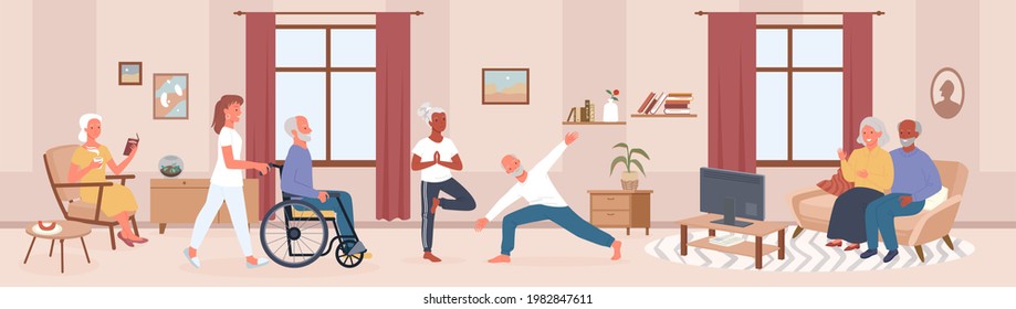 Cartoon happy senior man woman characters do yoga sport exercises, read books in room interior, disabled person in wheelchair with nurse. Elderly people care in nursing home vector illustration.