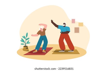 Cartoon happy senior man and woman doing yoga, tai chi exercises or qigong for healthy flexible body. Aged people recreation and hobby. Elderly characters do physical activities together at home.