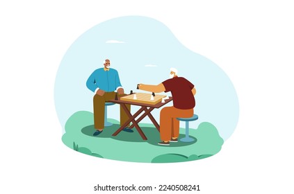 Cartoon happy senior men play chess. Aged people recreation and hobby. Elderly friends or retired characters sitting at table in the park and playing board game. Vector illustration in flat style.