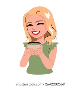 Cartoon of a happy senior woman enjoying a cup of green tea. Ideal for wellness, lifestyle, and aging with grace topics