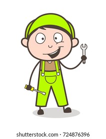 Cartoon Happy Serviceman with Tools Vector Illustration