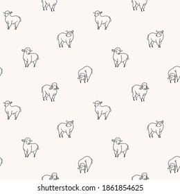 Cartoon happy sheep - seamless trendy pattern with animal in various poses. Contour vector illustration for prints, clothing, packaging and postcards.