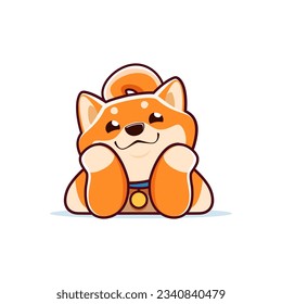 Cartoon happy shiba inu dog character, cute kawaii pet personage with an endearing expression, lying down with cheeks propped up, exuding cuteness and charm. Isolated vector adorable animal