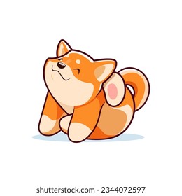 Cartoon happy shiba inu dog character, cute kawaii pet personage with a playful expression, scratching its ear with a paw. Vector charming scene captures the endearing nature of our furry friends