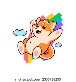 Caricatura feliz personaje de perro shiba inu, lindo personaje de mascota kawaii. Animales vectoriales adorables deslizándose alegremente por un arco iris vibrante, irradiando felicidad y alegría en una escena colorida y caprichosa