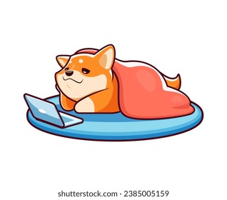 Cartoon happy shiba inu dog character, cute kawaii pet personage lounging on a cozy mat, engrossed in using a laptop, portraying a delightful blend of comfort and technology. Adorable vector animal