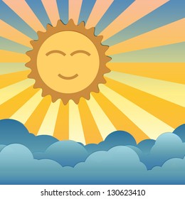 Cartoon of Happy smile sun over the cloud on day