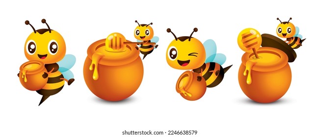 Abeja alegre sonriente con colección de mascotas en olla de miel. Abeja linda cargando una olla de miel y poniéndola en una olla de miel. Ilustración de carácter de vector