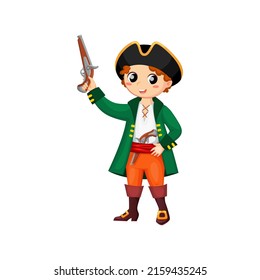 Cartoon happy smiling boy pirate, kid corsair in carnival costume. Vector child buccaneer personage in cocked hat with sword and gun. Baby in Halloween party dress, isolated freebooter or picaroon