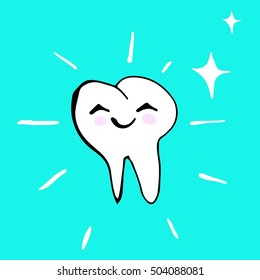 Cartoon happy smiling clean tooth hand drawn doodle kawaii illustration, white with sparkles on blue background with face