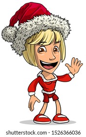 Cartoon happy smiling cute blonde girl character in red dress and christmas santa fur cap. Isolated on white background. New year vector icon.