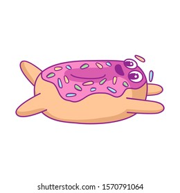 Cartoon happy smiling donut character with pink glaze does gymnastics. Sports and fitness.  For stickers, greeting cards, party invitations, posters, prints and books.