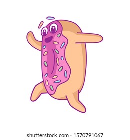 Cartoon happy smiling donut character with pink glaze jumps fun.  For stickers, greeting cards, party invitations, posters, prints and books.