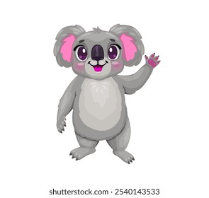 Cartoon happy smiling koala bear character. Australia jungle bear childish cartoon vector character, koala cute isolated mascot or zoo animal funny personage happy smiling and waving hand