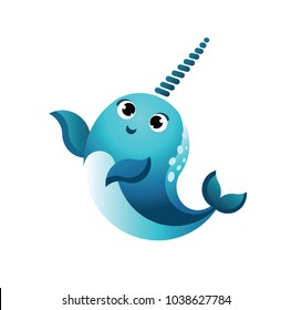 Cartoon happy smiling narwhal.Funny kawaii character isolated set. flat vector style illustration.Character whale.