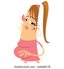 Cartoon happy smiling woman with pony tail in pregnancy feeling her tummy