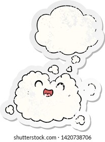 cartoon happy smoke cloud with thought bubble as a distressed worn sticker
