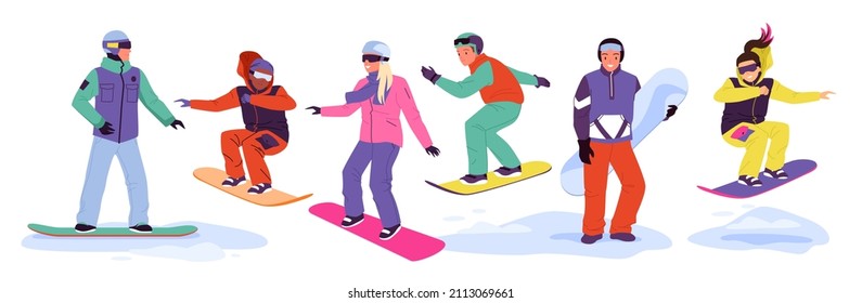 Cartoon happy snowboarders jump from snow mountain slope, adult persons snowboarding, extreme sport and hobby isolated on white