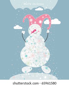 Cartoon happy snowman. Christmas card.