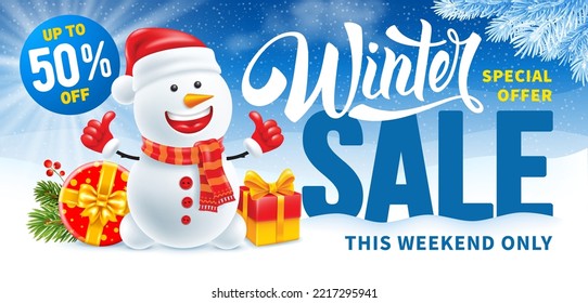 Cartoon happy snowman in Santa hat and warm scarf, with gifts. Winter snowy background, fir tree branches with frost. Christmas and New Year sale advertising banner template. 3d vector illustration
