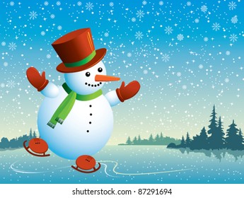 Cartoon happy snowman with skating
