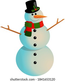 Cartoon happy snowman in a striped scarf and top hat with Holly branch with leaves and red berries.  Color vector illustration