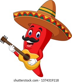 Cartoon happy sombrero chili pepper playing a guitar