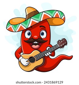 Cartoon happy sombrero chili pepper playing a guitar