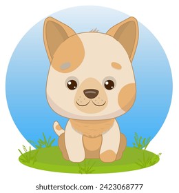 Cartoon happy spotted puppy sitting. Dog in kawaii style. Kawaii style. Vector illustration of drawings, prints and patterns. Illustration for children