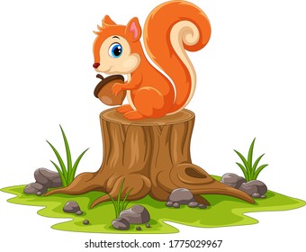 Cartoon happy squirrel sitting on tree stump