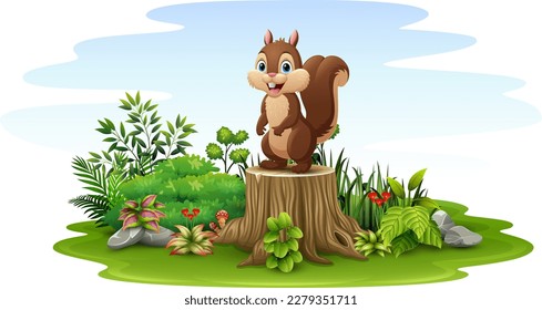 Cartoon happy squirrel standing on tree stump