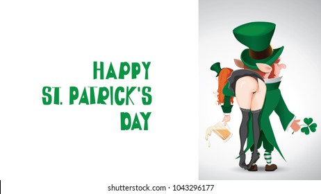 Cartoon of a Happy St. Patrick's Day leprechaun boy and girl next to textual signboard. Leprechaun carries a drunken girl over her shoulder.Vector illustration.