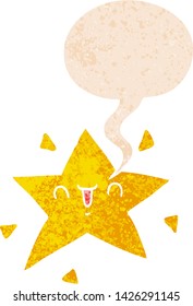 cartoon happy star with speech bubble in grunge distressed retro textured style