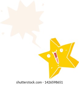 cartoon happy star with speech bubble in retro style