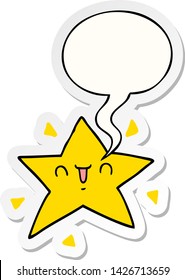estrella feliz de dibujos animados con pegatina de burbujas de voz