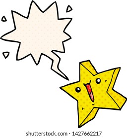 cartoon happy star with speech bubble in comic book style