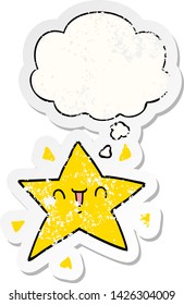 cartoon happy star with thought bubble as a distressed worn sticker