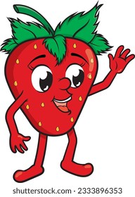 Cartoon of a happy strawberry waving hello, vector illustration without background.