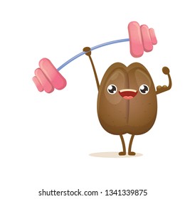 cartoon happy strong coffee bean character with barbell isolated on white background. Strong coffee comic concept illustartion. funky food character